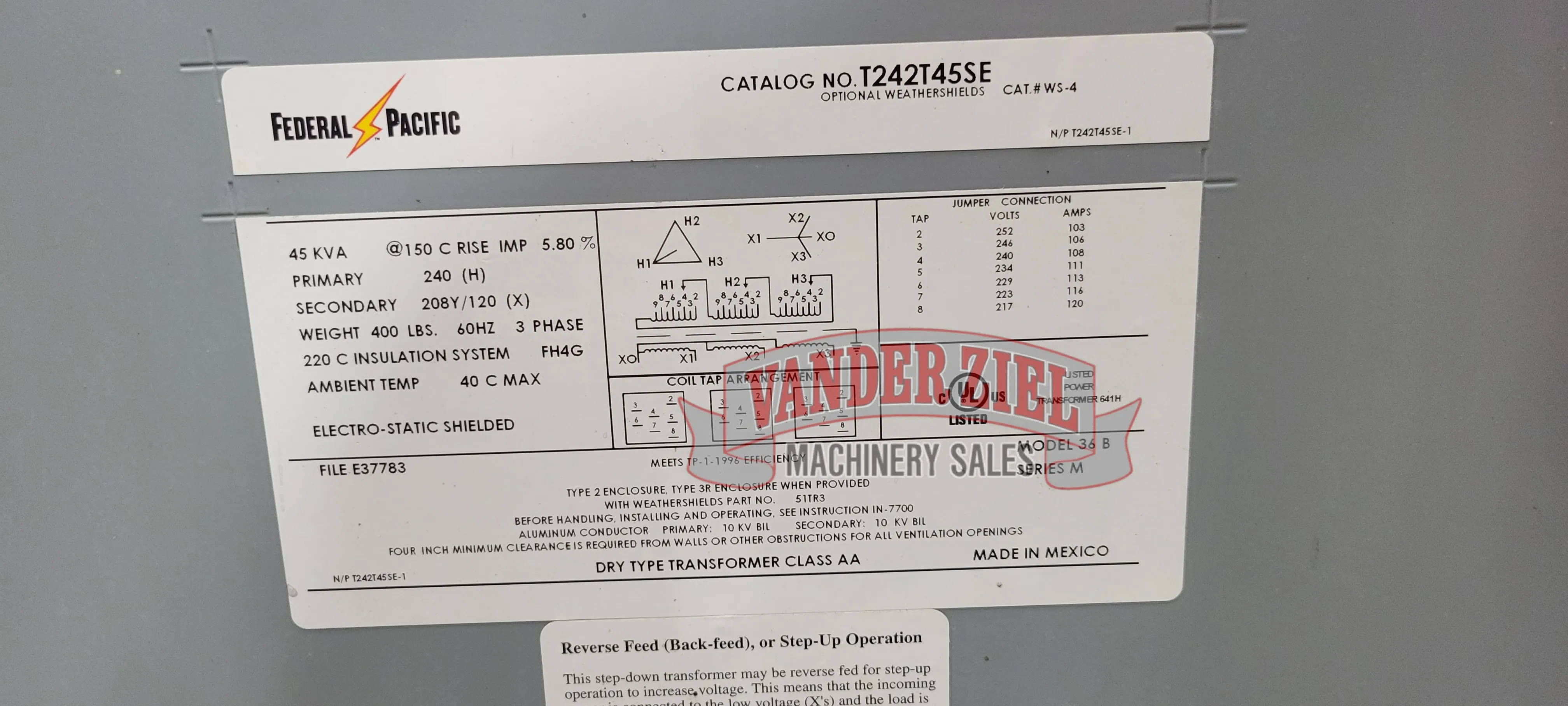 Federal Pacific 45 KVA, 240 Primary Voltage, 208Y/160 Secondary Voltage, 3 Phase - Prefetch Image 38550
