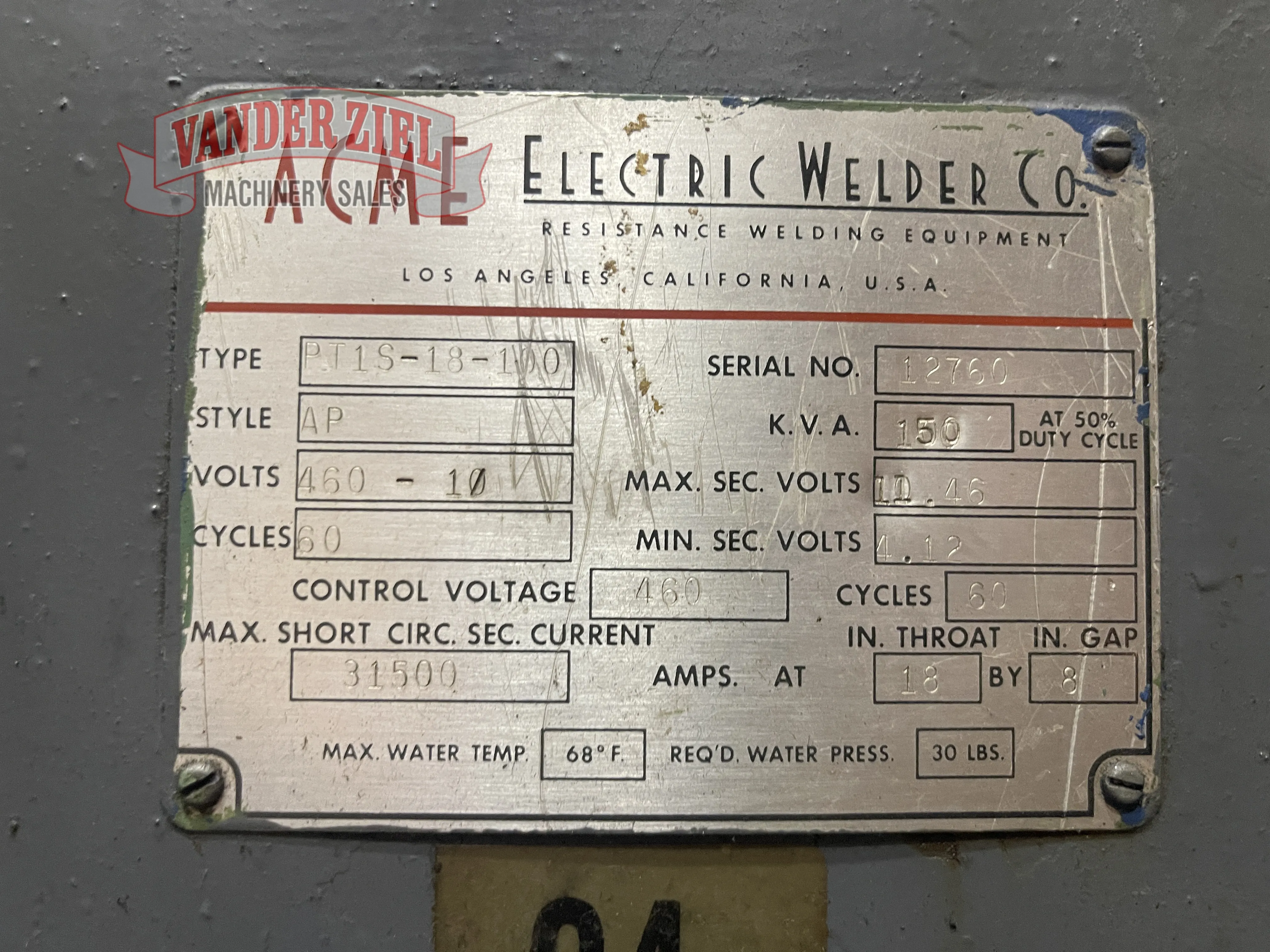 Acme Electric Welder Co. Mdl. PT1S-18-100 Spot Welder - Prefetch Image 45837