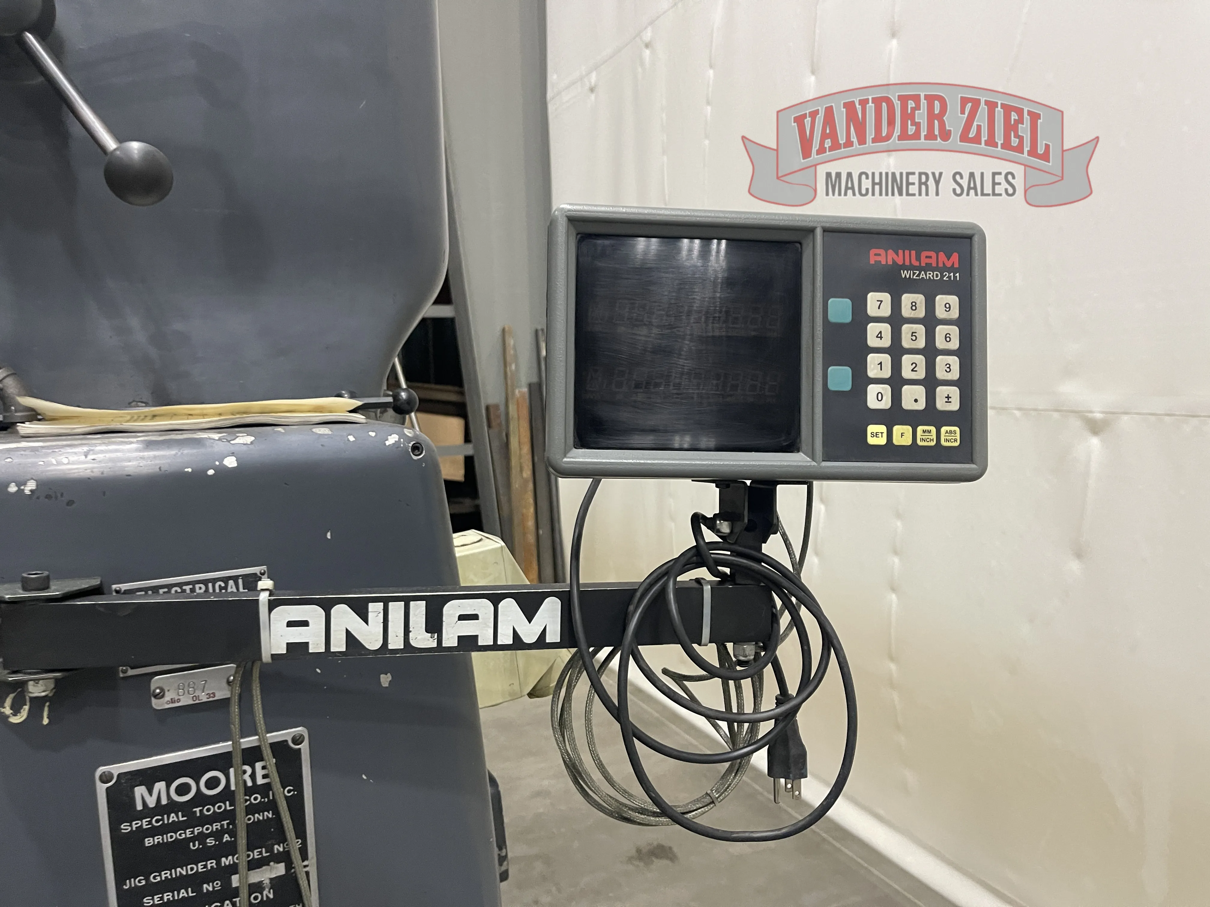Moore No. 2 Jig Grinder, 19" x 10" T-Slotted Table, Auto Feed, Anilam Wizard 211 2-Axis DRO, 5" x 10" Magnetic Chuck - Prefetch Image 46230