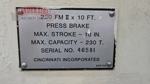 Cincinnati 12’ x 230 Ton Hydraulic Press Brake, Model 230 FMII x 10 - Gallery Thumbnail 5